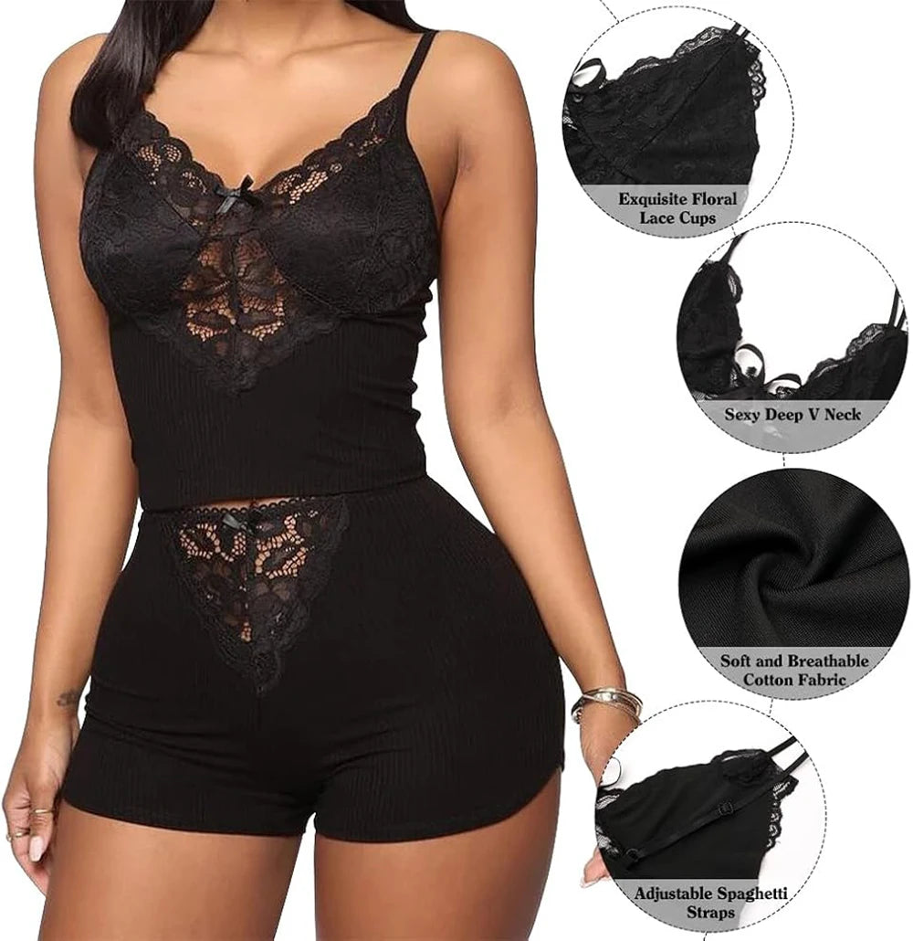 Ladies Summer Pajamas Two Pieces Sexy Pajamas For Women Suspenders Lace Camis And Short Pajamas Set V Neck Home Clothing Suit