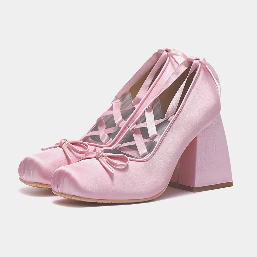2026 Spring Satin Cute Lolita Women Mary Janes Shoes Chunky High Heels Ballet  Shoes Lace Bowknot Ladies Shoes For Woman Pumps