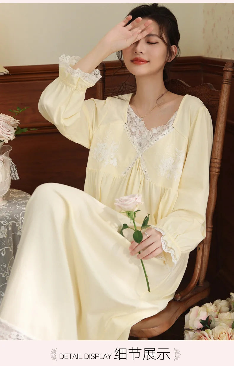 Vintage Victorian Nightgown Women Lace Embroidered Palace Style Princess Sleep Dress Cotton Soft Romantic French Loungewear