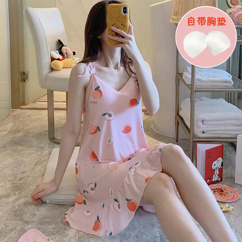 New with Bra Pad, Free Eye Mask, Sling, Loose and Cute Cartoon Animal Pajamas, Nightgown Role-playing Sleepwear Women