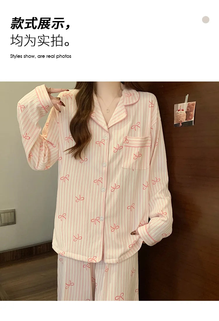 Printemps et automne nouveaux pyjamas pour femmes ensemble de vêtements de détente fille amour Cardigan pyjamas tissu froissé vê