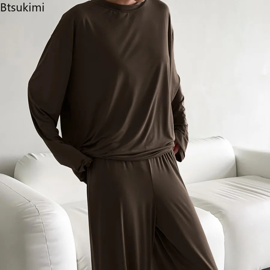 New 2026 Brown Loose Female Sleepwear Suit O-Neck Nightgowns Long Sleeve Nightwear Wide Leg Pants Women's Pajamas 2 Piece Set