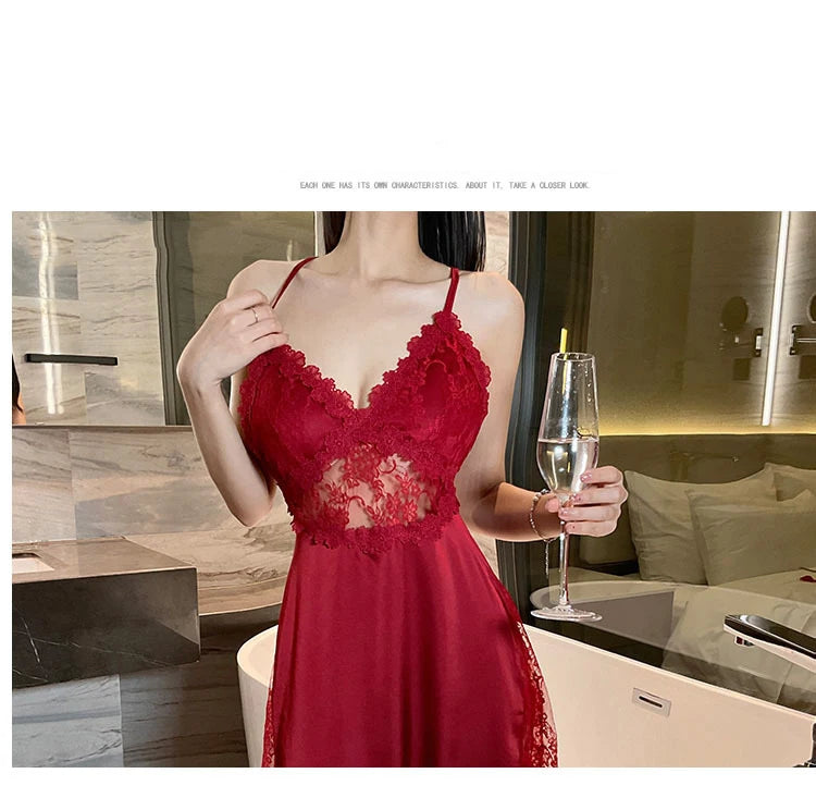 2025 new sexy camisole nightgown women's lace home sleepwear satin deep V backless luxury camisole sleepwear plus size red black