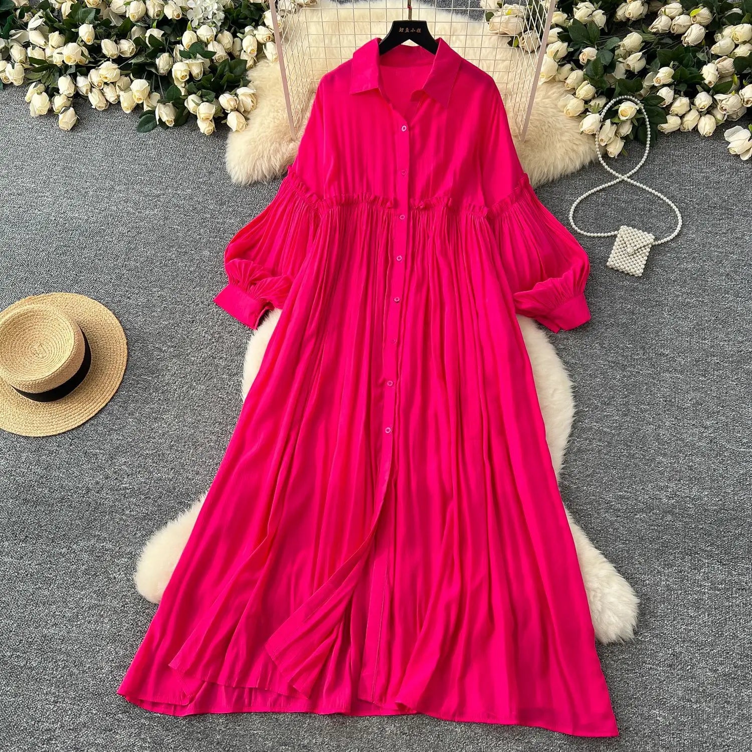 Pleated Dress Women Long Dresses A Line Vestidos Streetwear Lantern Sleeve Elegant Splice Y2k Single Breasted Loose Summer 2025