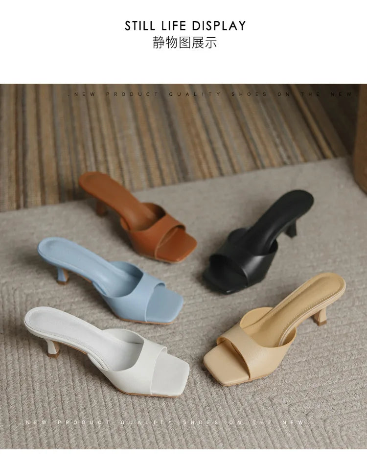 Genuine Leather French Slim Heel Slippers for Women's Summer New Fashionable Sandals Women Sweet Round Toe Slipper Ladies Shoes