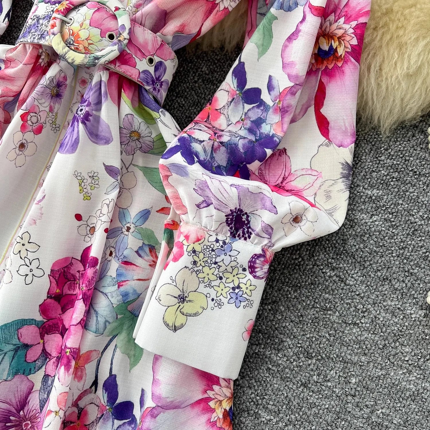 Runway 2025 Spring Summer Floral Print Long Shirt Dress Women's Turtleneck Lantern Sleeve Print Belt Casual Holiday Dress Female