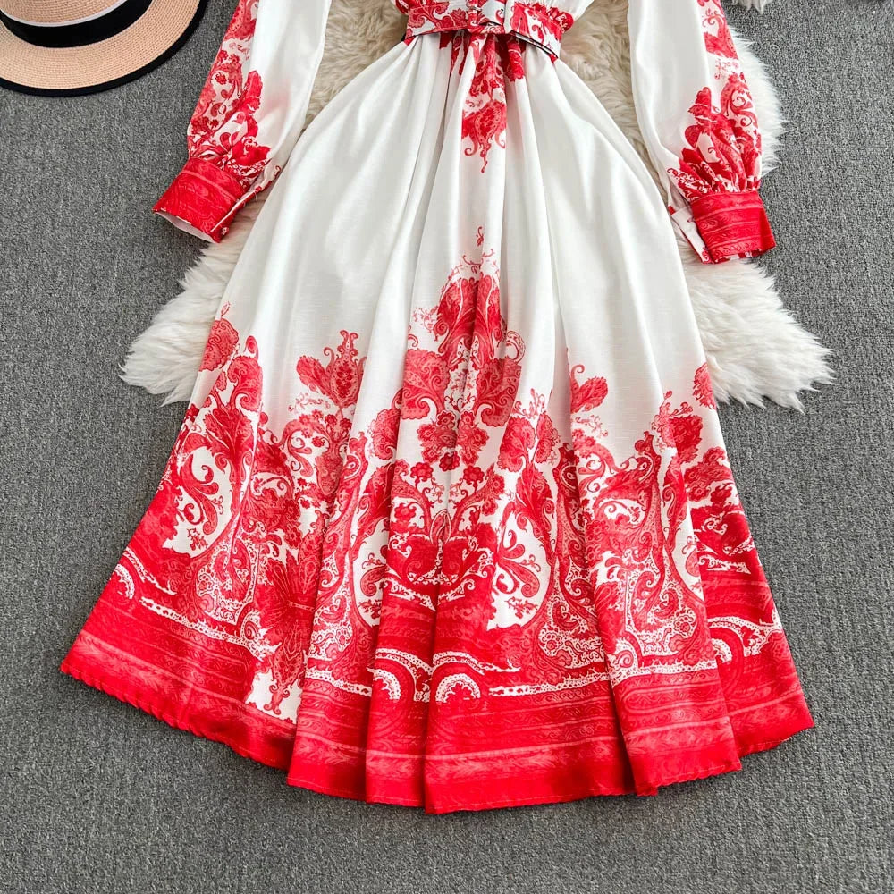 Spring Autumn Retro Palace Style Dress New French Printed Lantern Sleeve Stand Collar A-line Long Dress Femade C110