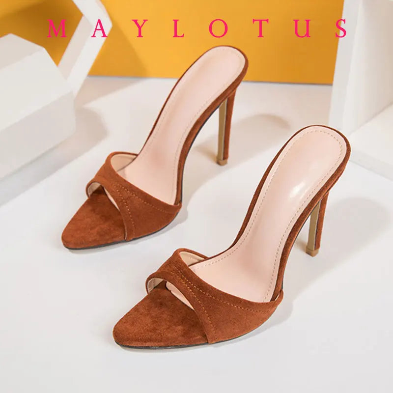 Size 34-42 Women Heeled Mules Sandals Soft Leather High Heels Summer Shoes For Women Slippers Vintage Open Toe Slides