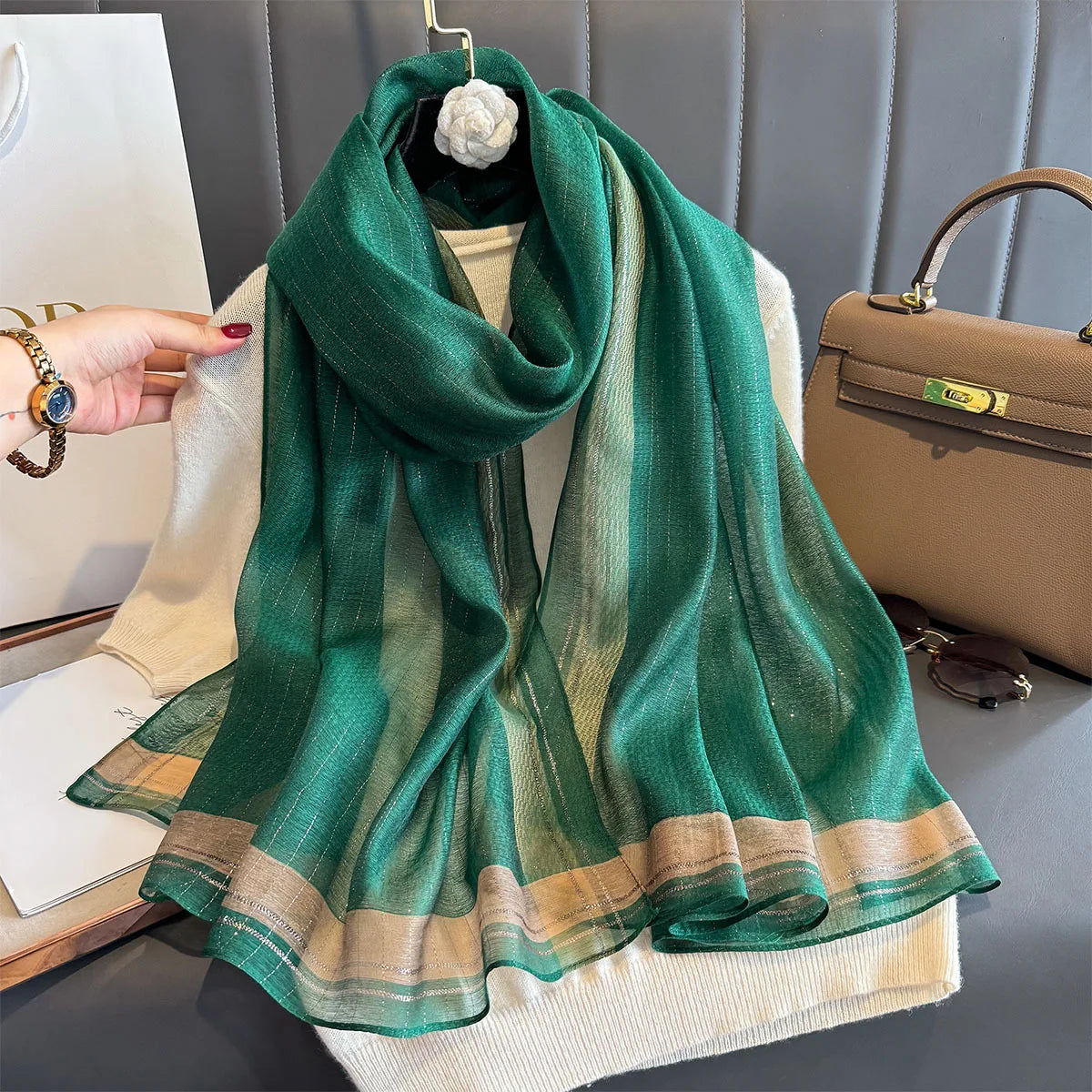 Luxury Long Scarf For Women Elegant Hijab For Travel Beach Soft Stain Neckerchief Shawl Solid Color Imitation Silk Scarves