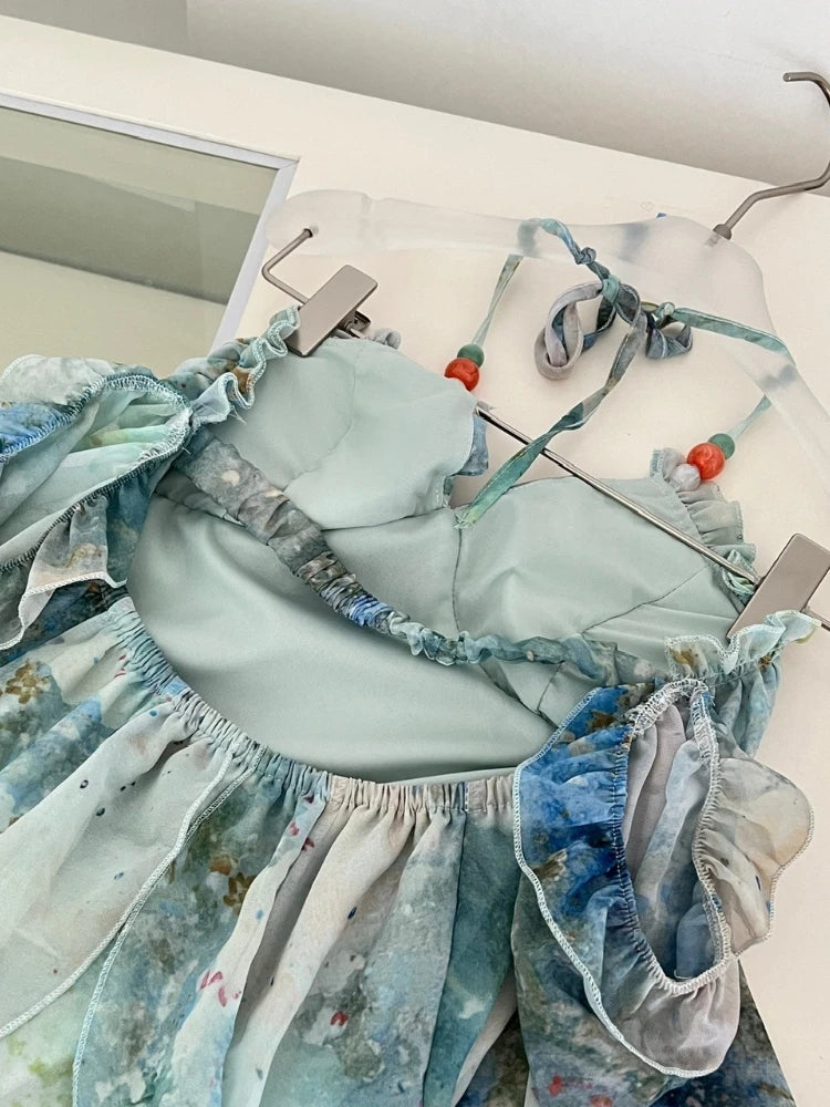 2025 Elegant Halter Neck Ruffled Maxi Dress Women Blue Green Floral Print Bohemian Design Beach Vacation Casual Party Dress New