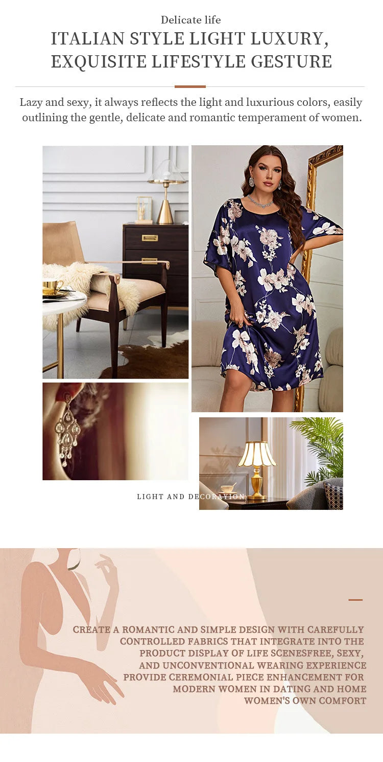 LX New plus size sleepwear, women's mid to long print pullover dress, home wear, silk ice silk nightgown