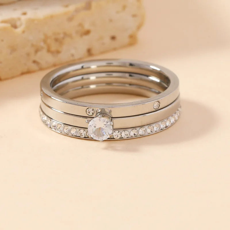 Luxury Stainless Steel Ring For Women Three-Piece Set Zircon Classic Fashion Finger Accessory Jewelry Female Gifts Wholesale