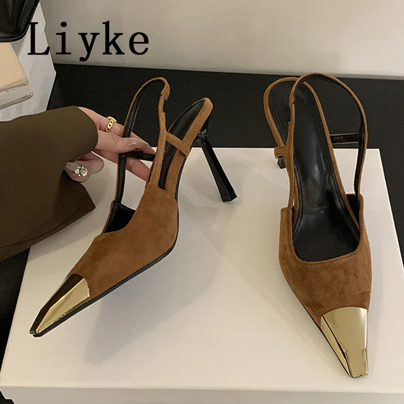 Liyke Sexy Slingback Sandal Female Design Metal Pointed Toe Stiletto High Heels Party Prom Shoes Women Pumps Zapatos Mujer