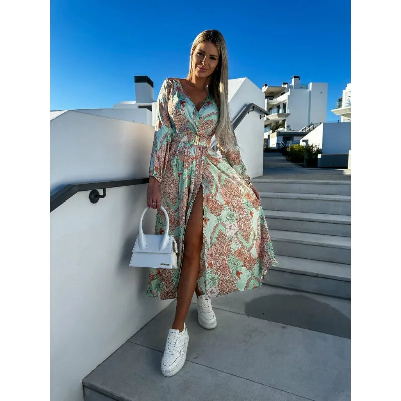 Spring/Summer Women's Fashion Printed Casual Dress V-neck Long Sleeved Belt Split Dress Holiday Party Style Dress