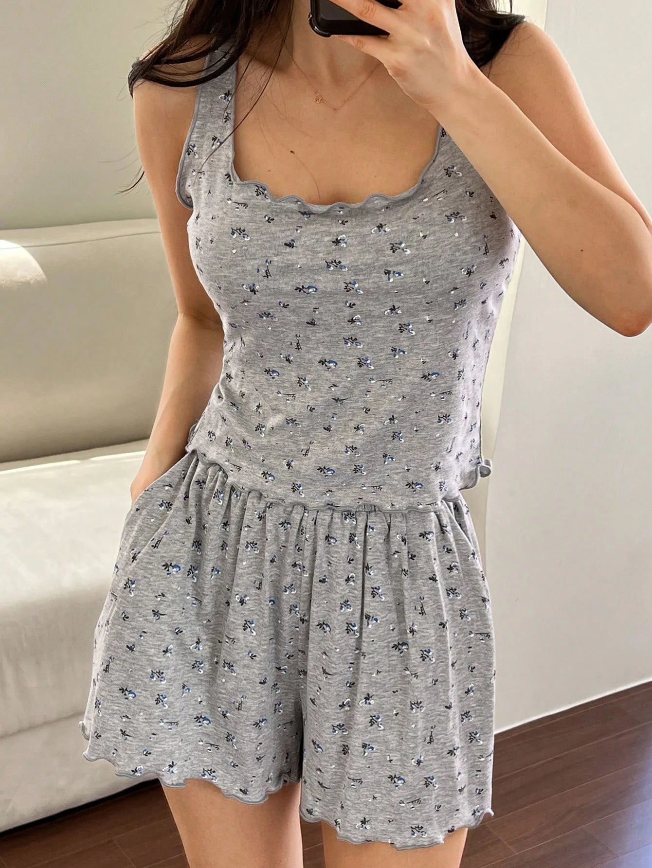 Women's Pajama Women's Vest Pajamas Casual Sweet Floral Pants Pocket Shorts Loungewear Suit Women's Pijama