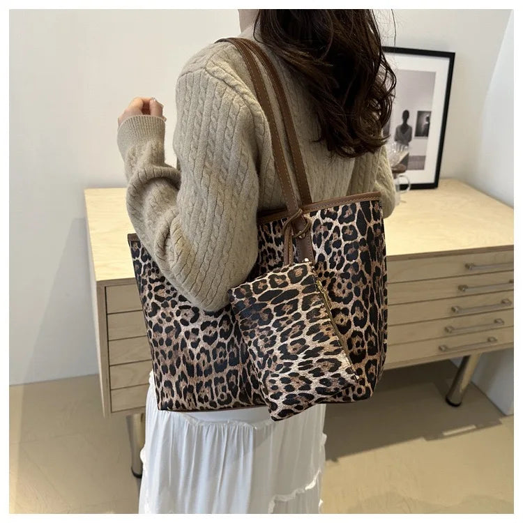 Women's Leopard Print Tote bag Pu Leather Underarm Bags Simple Casual Travel Shopping Bag Large Capacity Mother and Child Packag