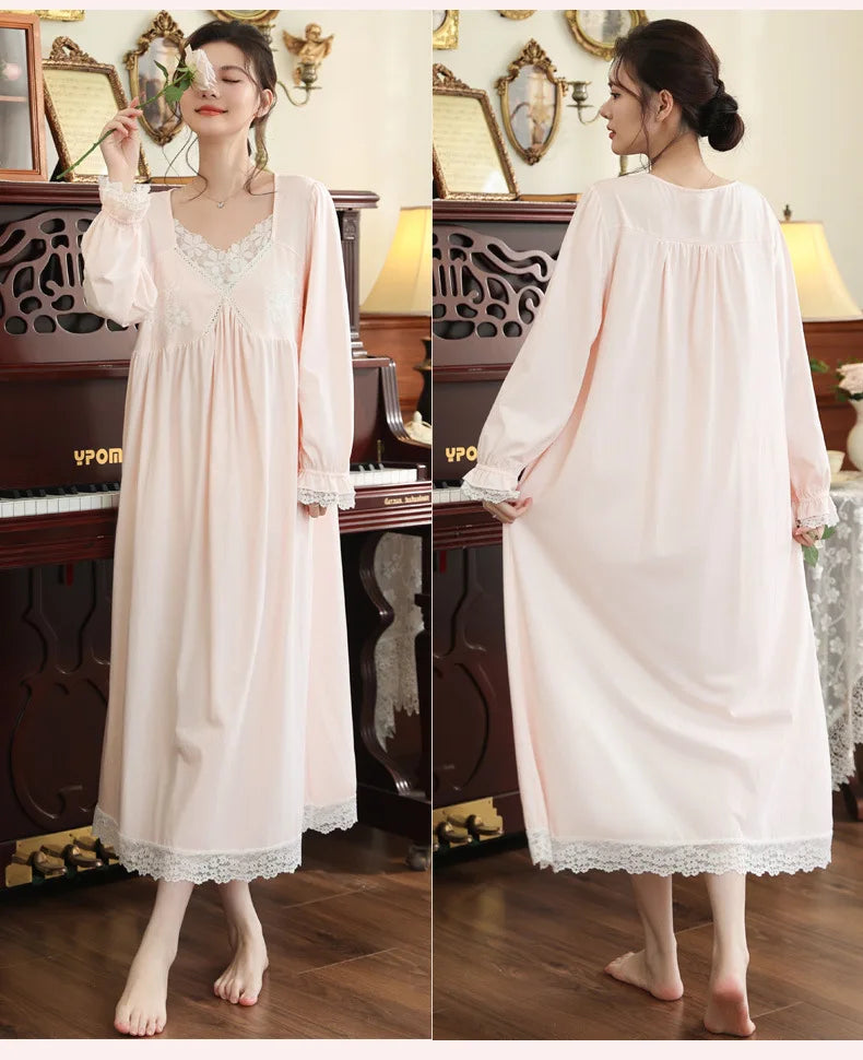 Vintage Victorian Nightgown Women Lace Embroidered Palace Style Princess Sleep Dress Cotton Soft Romantic French Loungewear