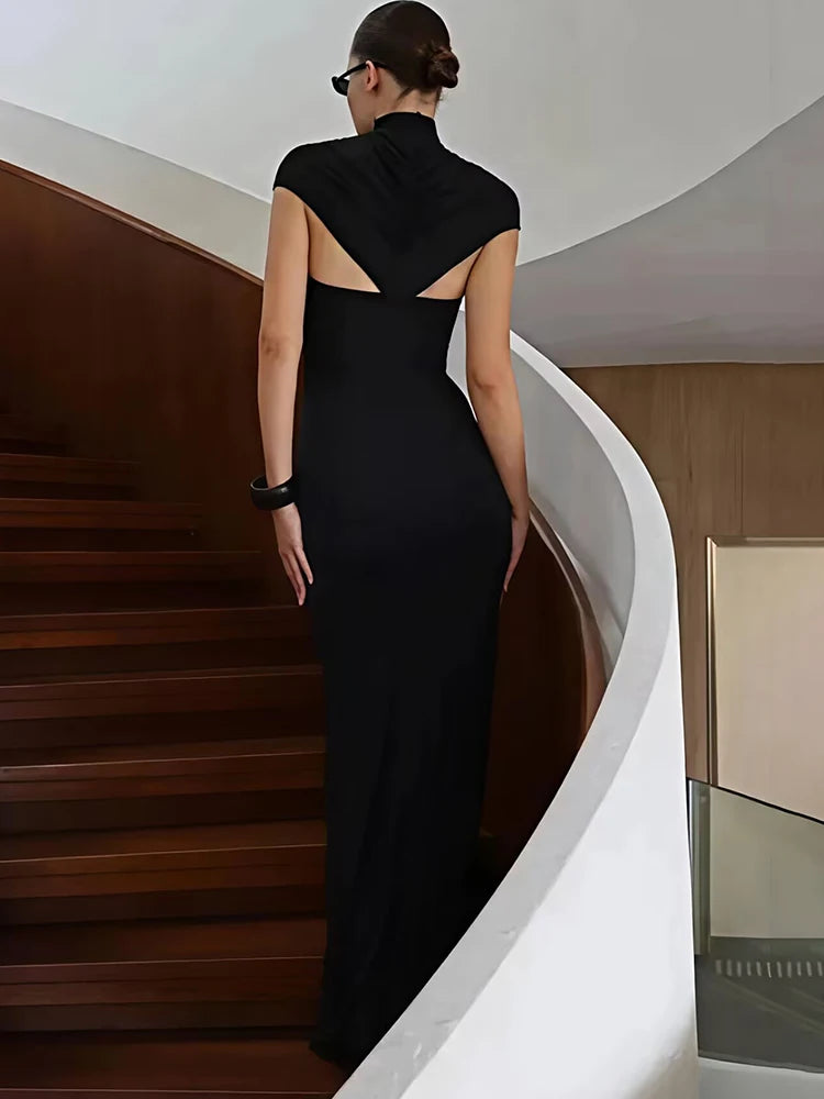 Mozision Turtleneck Short Sleeve Sexy Maxi Dress Women Elegant Draped Ruched Evening Club Party Long Dresses Female Clothes