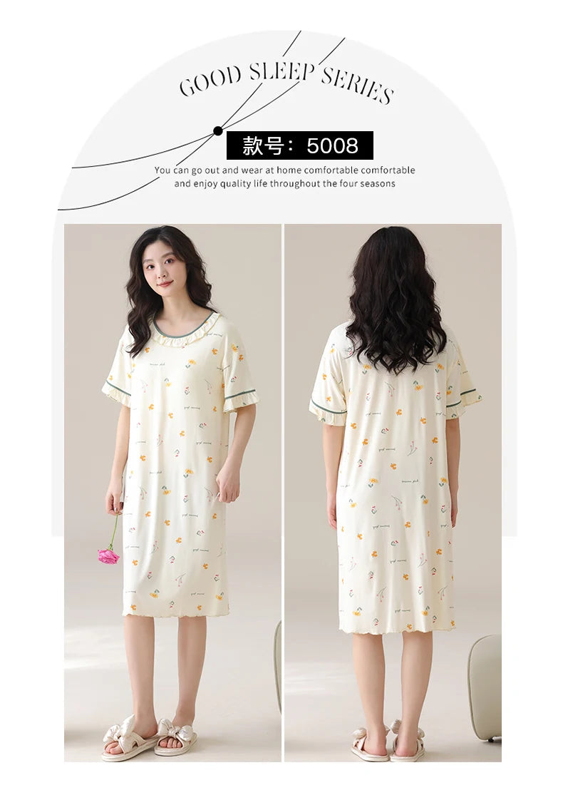 Women Modal Nightdress Small Flower Sleep Dress Short Sleeve Sleepshirt Ruffles Nightshirt Nightgown Sleepwear 4XL5XL Home Dress