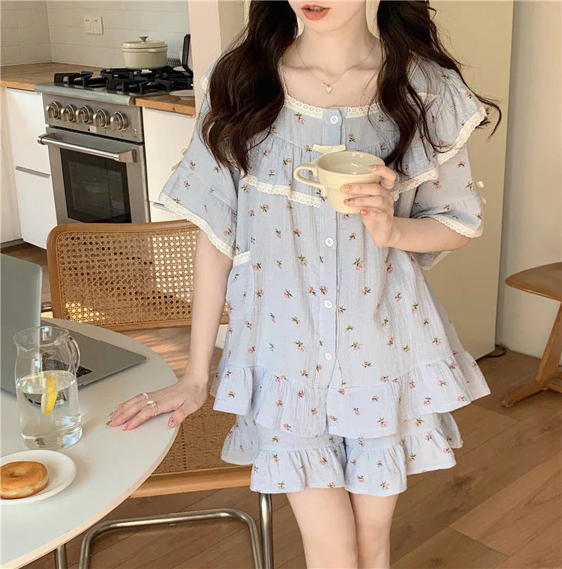 Summer Ladies Pajamas Loungewear Set Princess Style Sweet Lace Small Floral Short Sleeve Shorts Loose Plus Size Loungewear
