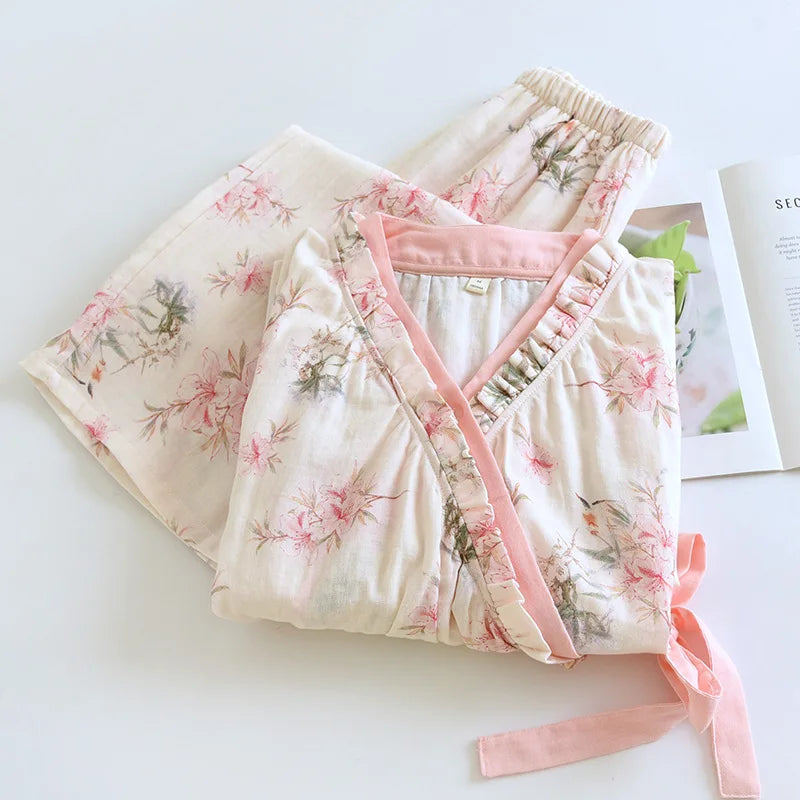 Floral Print Sleepwear Woman Nightwear Cotton Pajamas Set Long Sleeve Home Wear Pyjamas 2025 Spring New Two-piece Set Loungewear