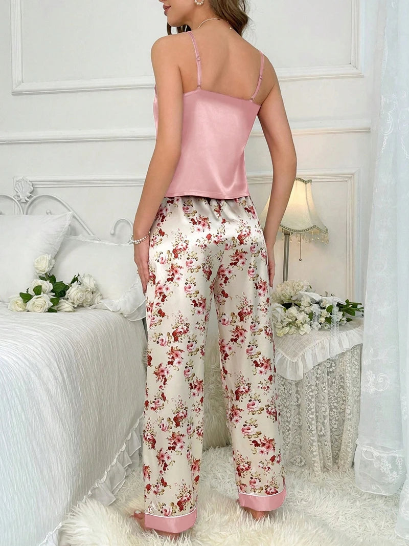 Sexy Floral Print Satin Pajama Set For Women Satin Sleeveless V-Neck Slip Cami Top And Long Pants For Fall Fit Silky Sleepwear