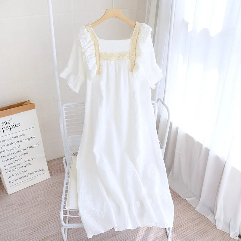 Summer New Ladies Nightdress 100% Cotton Crepe Lotus Leaf Sleeve Long Dress Palace Style Short Sleeve Nightdress Home Skirt