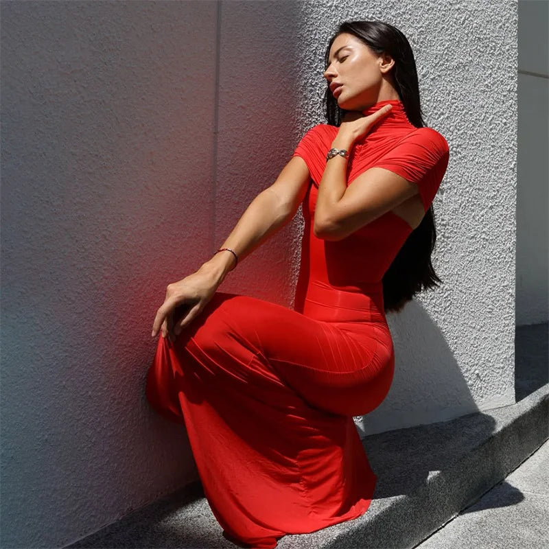 Mozision Turtleneck Short Sleeve Sexy Maxi Dress Women Elegant Draped Ruched Evening Club Party Long Dresses Female Clothes