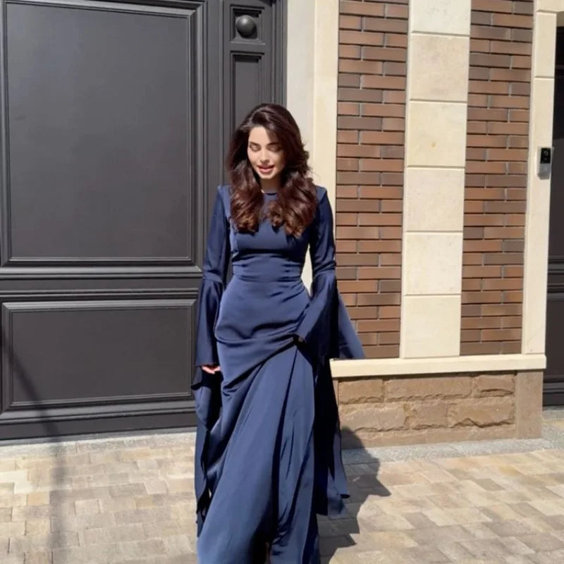 Women Cocktail Party Dress Big Swing Middle Eastern Long Floating Sleeves Slim Empire Lady Banquet Solid Maxi Clothing