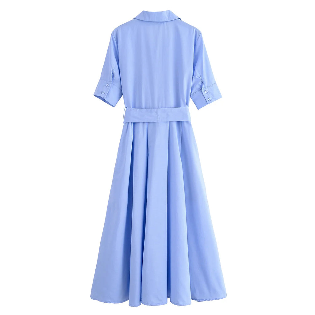 HH Women Summer Lapel Short Sleeve Pocket Single-Breasted Belt Decorate Midi Dress Female Fashion Shirt Style Pleated Dress