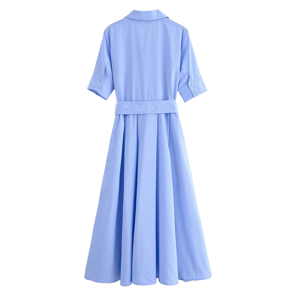 HH Women Summer Lapel Short Sleeve Pocket Single-Breasted Belt Decorate Midi Dress Female Fashion Shirt Style Pleated Dress