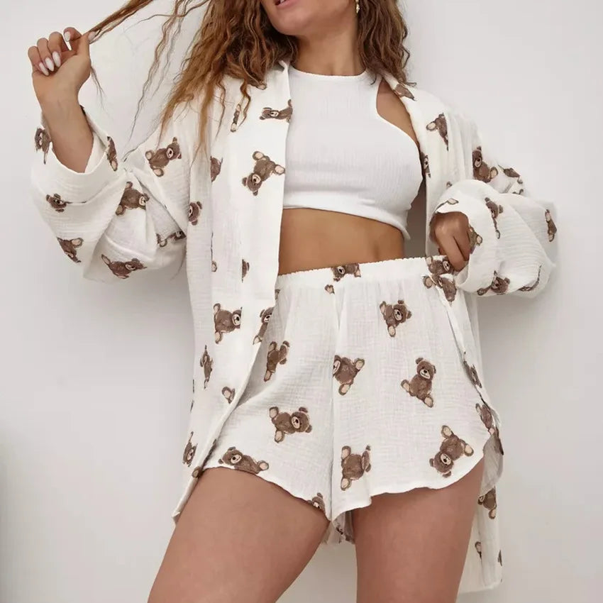 2024 Spring New European and American Pure Cotton Cute Print Warm Long sleeved Shorts and Pajamas Two piece Home Set