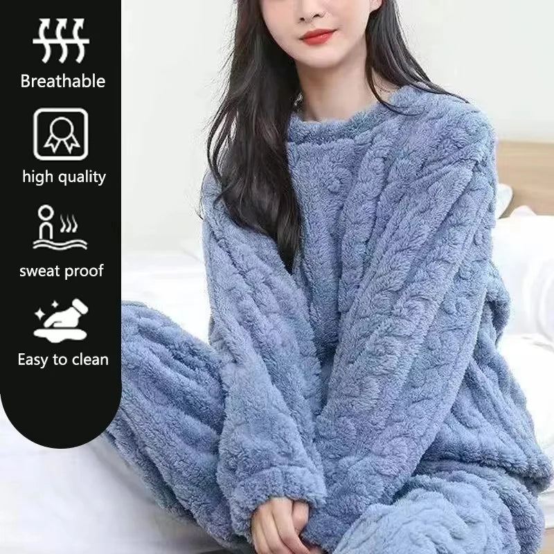 Ensemble pyjama épais et chaud en molleton de corail pour femme, vêtements de maison imprimés de dessins animés, vêtements de nu