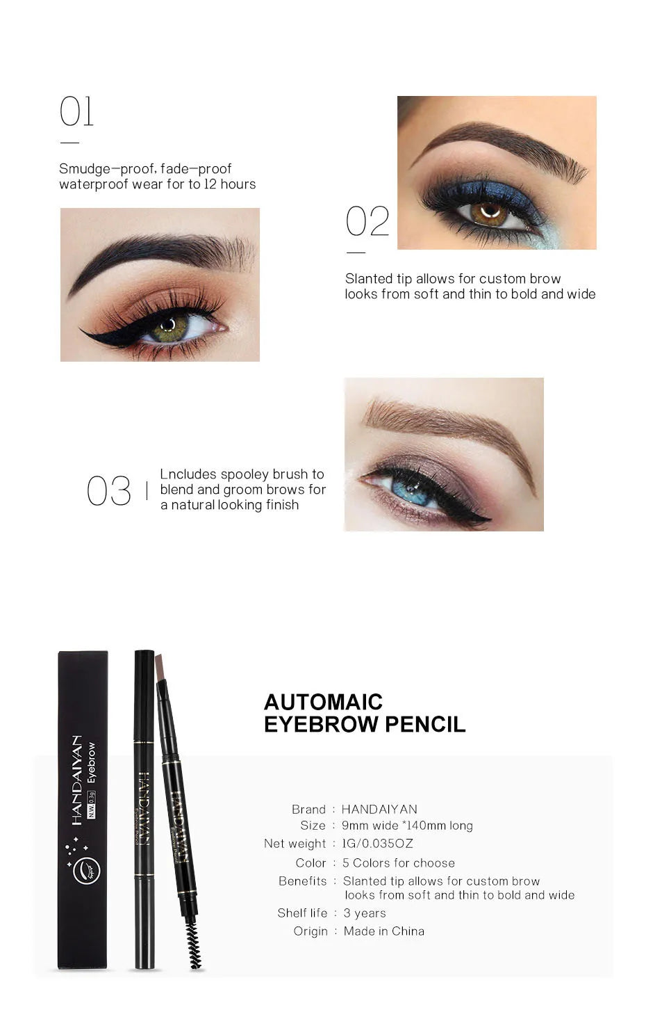 HANDAIYAN Eyebrow Pencil Automatic Rotating Double Head Long Lasting Natural Waterproof 5 Color Triangle Eyebrow Pen Make Up