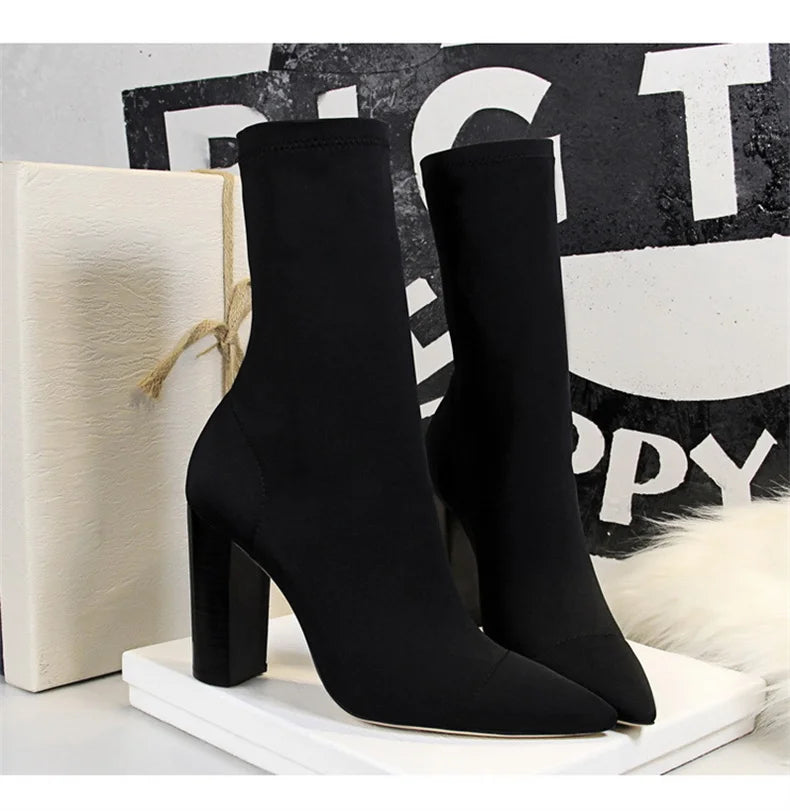 Mid-Calf Boots 2024 New Women Stretch Sock Boots Chunky Block Heels High Heels Silk Shoes Solid Color Short Boots Autumn 3129-3