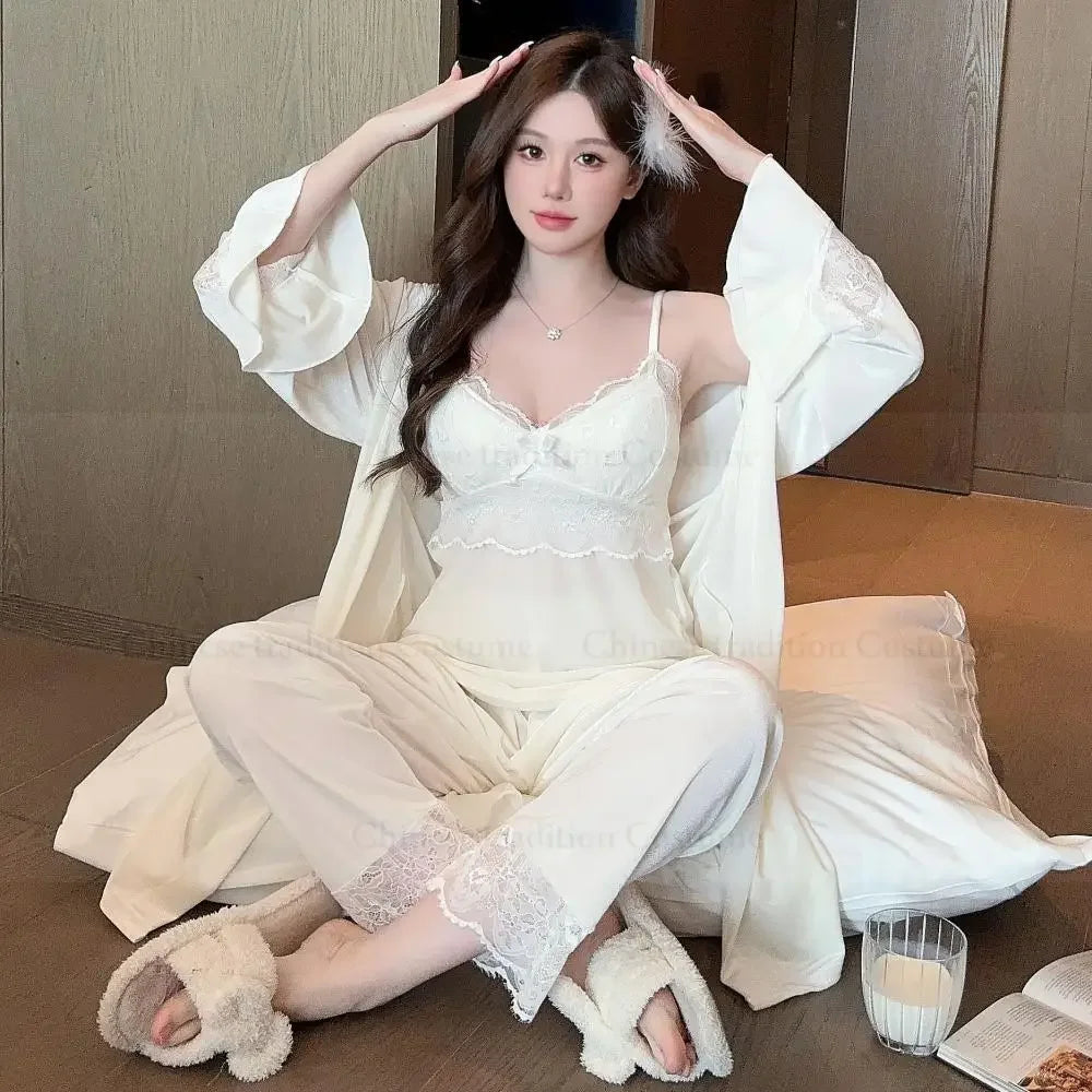 Warm Home Clothes Lady Sexy Lace Flower Trim Nightwear 3Pcs Velour Pajamas Set Luxury Velvet Cami Top&pants Loungewear Winter
