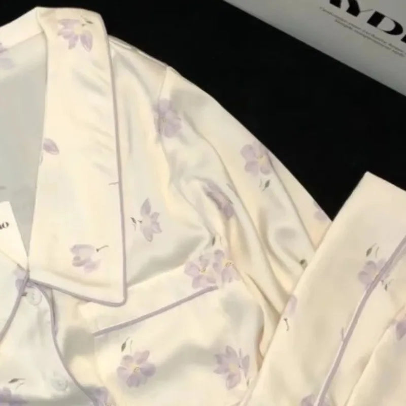2024 New Ice Silk 2 Pieces Pajamas for Women Autumn Spring Women's Pajamas Set Elegant Ptinting Flower Home Wear Soft Sleepwear