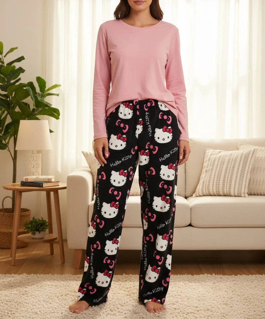Hello Kitty cartoon cute pajamas autumn and winter men and women loose and elongated couples can be worn outside at home
