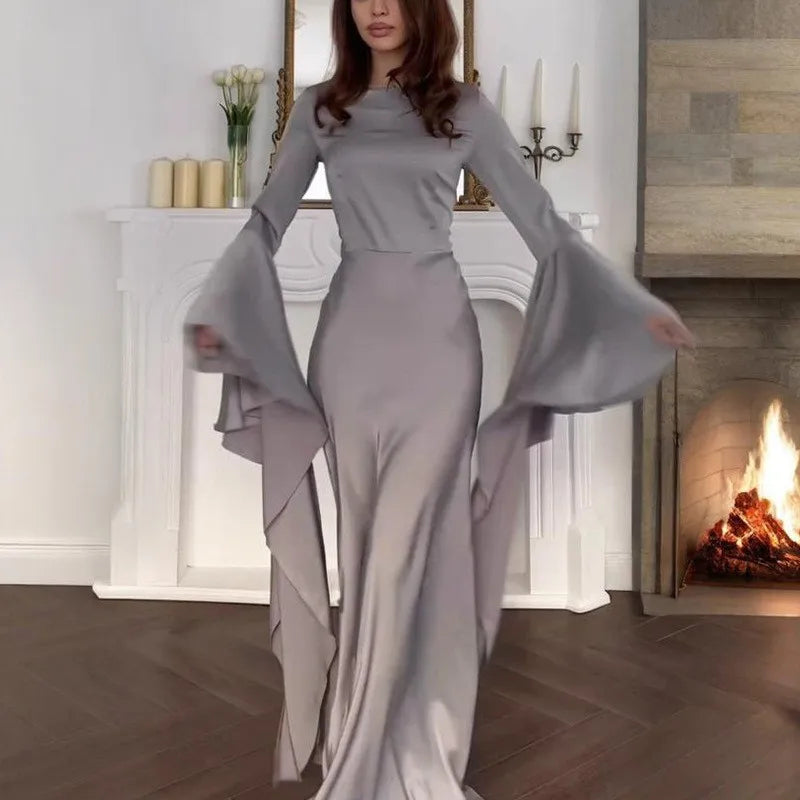 Women Cocktail Party Dress Big Swing Middle Eastern Long Floating Sleeves Slim Empire Lady Banquet Solid Maxi Clothing