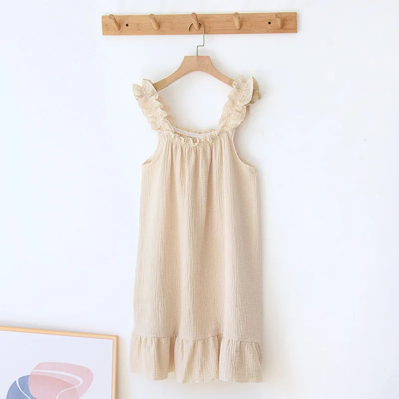 2026 new women's summer cotton yarn, pure cotton suspender sleepwear loose medium to long sweet and cute long skirt home wear