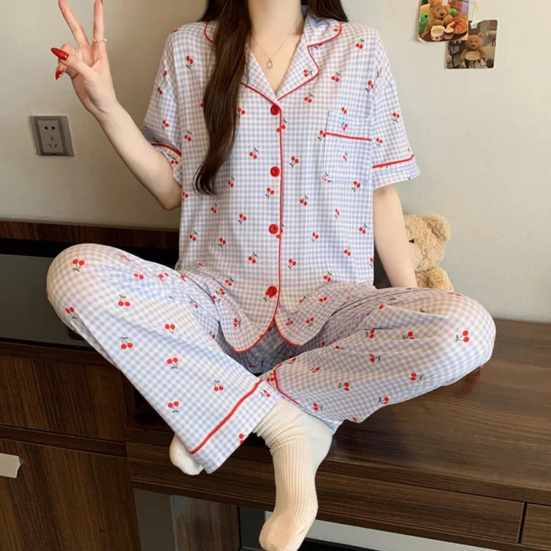 Sweet Cute Cherry Print Pajamas Women 2 Piece Set Soft Loungewear Summer Casual Short Sleeve Pajamas Set Korean Fashion Homewear