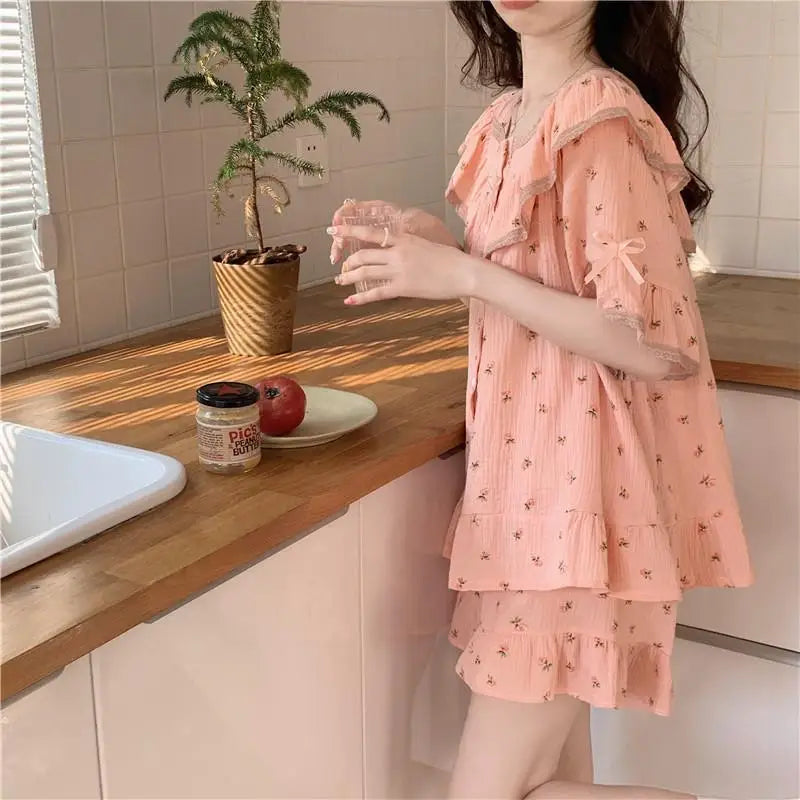 Women Sweet Floral Pajamas Female Summer Set Lace Princess Short-Sleeved Shorts Homewear Ladies Kawaii Soft Nightwear Loungewear