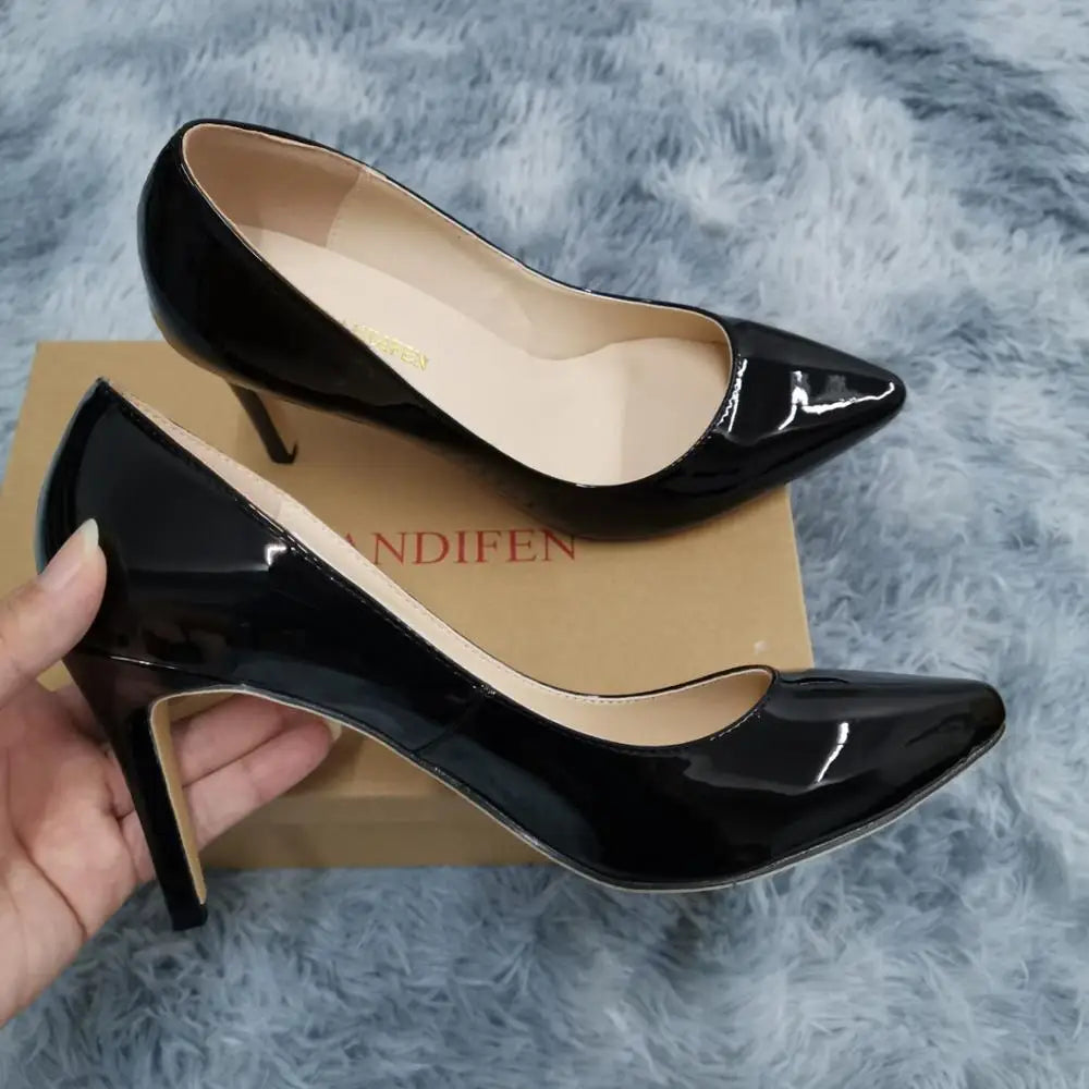13 Style Women's Large Pumps Classic Sexy Pointed Toe 9cm mid High Heels Women Pumps Faux Black red Office Party Wedding Shoes