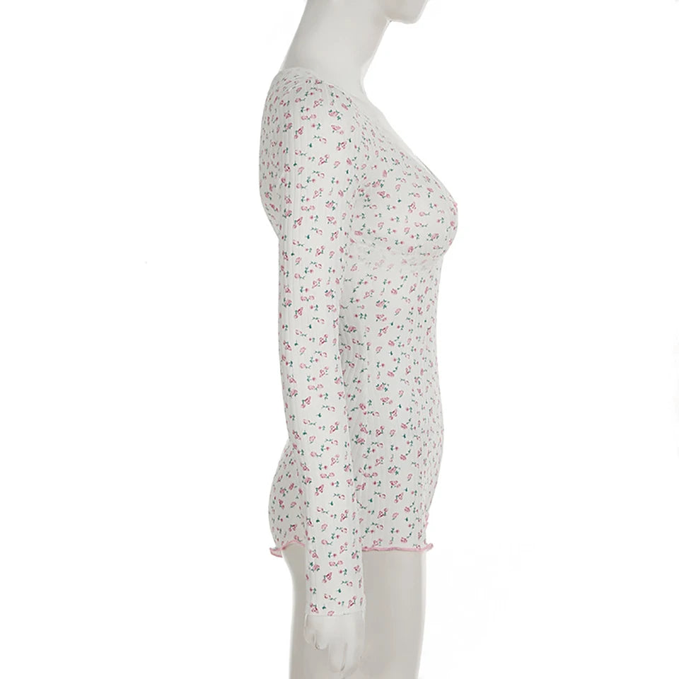 Floral Print V-neck Lace Trim Jumpsuit Knitted Long Sleeve Cute Aesthetic Y2K Bodysuit Rompers Homewear Women Casual Nightgowns