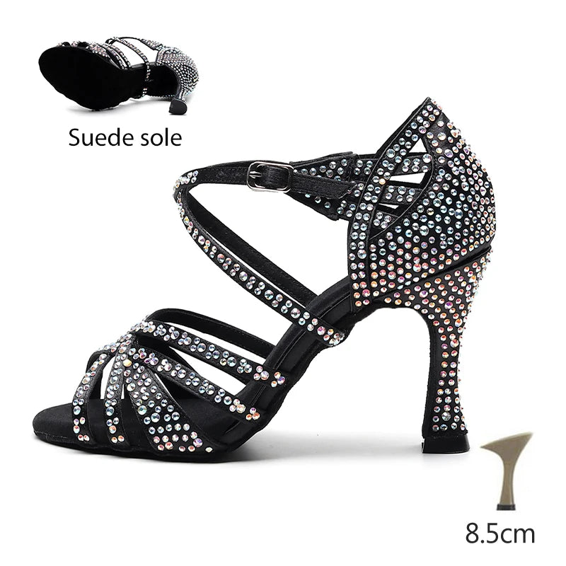 HROYL Ballroom Latin Dance Shoes Ladies Girls New Silk Satin Shiny Rhinestone Cuban High Heels Party Salsa Dance Shoes Women