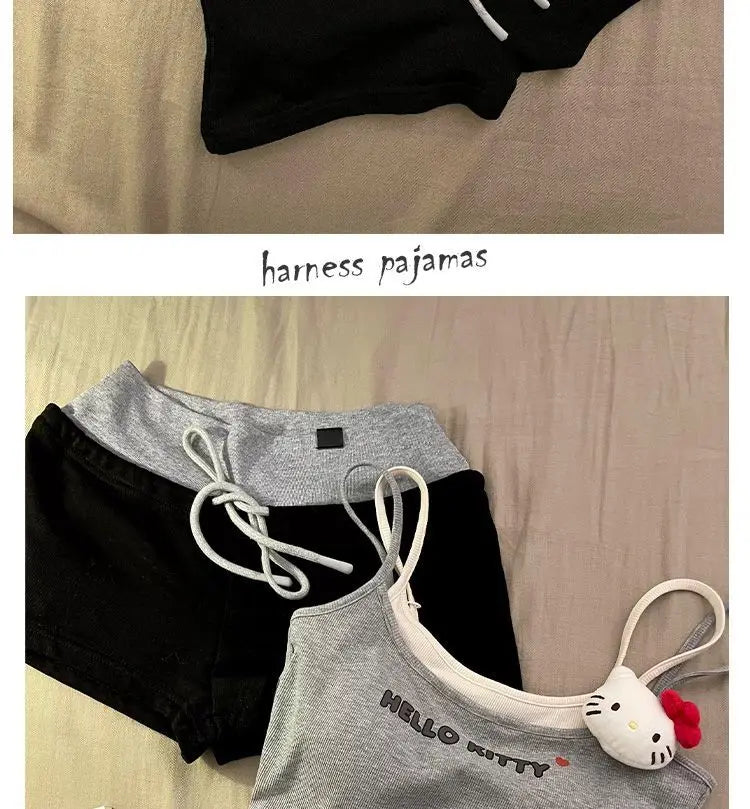 Cute Hello Kitty fake two-piece suspender shorts pajamas women's summer casual loungewear two-piece set can be worn outside
