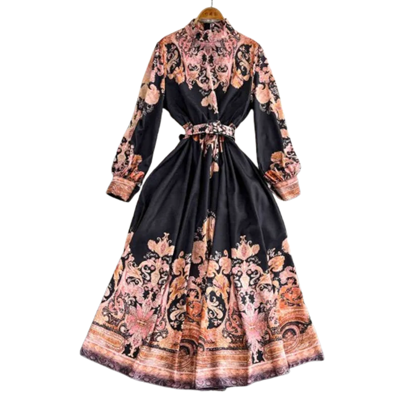 Spring Autumn Retro Palace Style Dress New French Printed Lantern Sleeve Stand Collar A-line Long Dress Femade C110