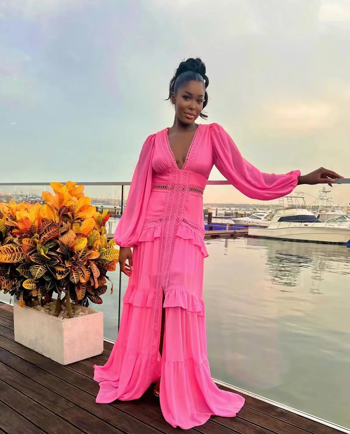 Elegant Womens Maxi Dress Ruffles Long Sleeve Hollow Out Evening Dresses Party Chic Robe Green Blue Purple New In Holiday Summer