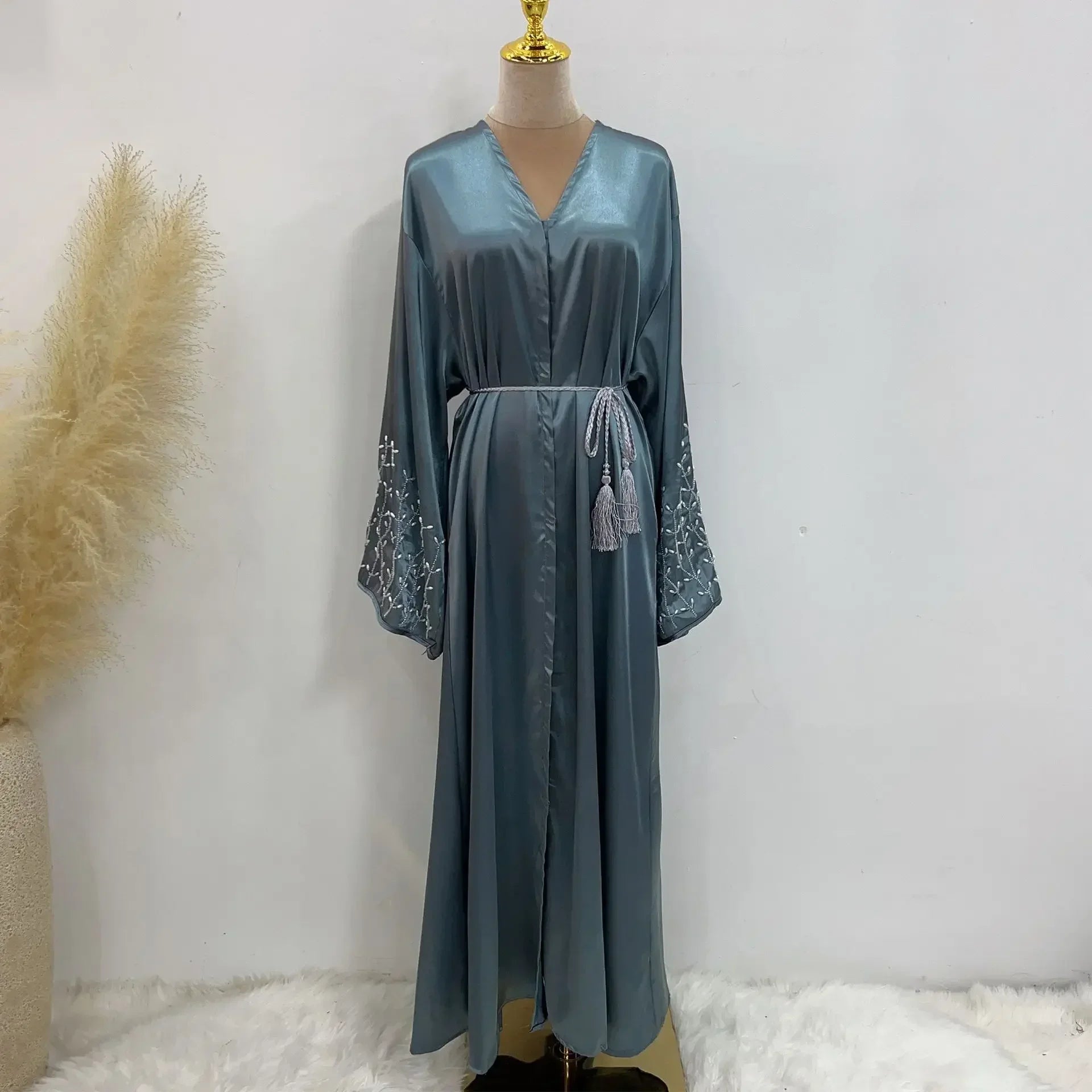Kimono Abaya Dubai Party Kaftan Solid Beaded Muslim Fashion Hijab Dress Summer Open Abayas for Women Turkey Islam Modest Outfit