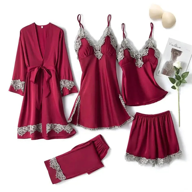 Pink Women Rayon 5PCS Robe Gown Sets Sexy Lace Floral Trim Bride Dressing Sleep Suit Loose Lingerie Pajamas Set Kimono Nightgown